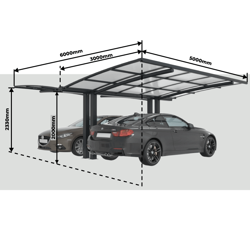 Ancho, Altura y Largo Cubierta para Coche Doble en Aluminio con 2 Postes 5000x3000 mm