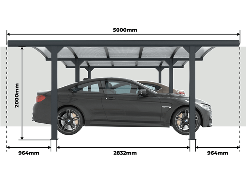 Largo y Altura Cubierta para Coche Doble Curvada en Aluminio 5x6 m